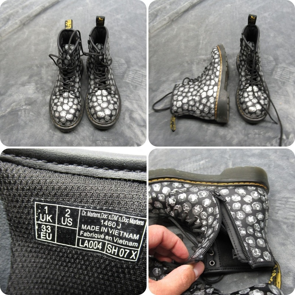 Dr. Martens Boots Youth 2 Silver Metallic Leopard Print Leather Side Zip Lace-Up